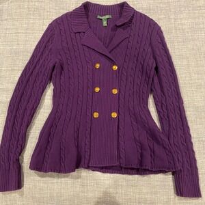 Lauren Ralph Lauren Purple Cable Knit Double Breasted Peplum Blazer Cardigan L